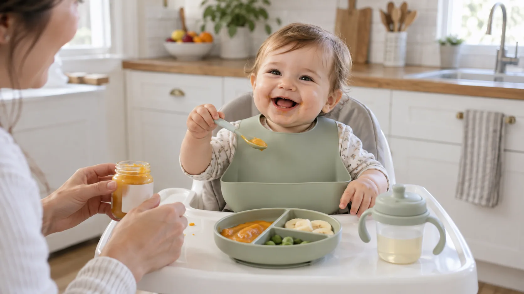A baby seated at a table during a meal.