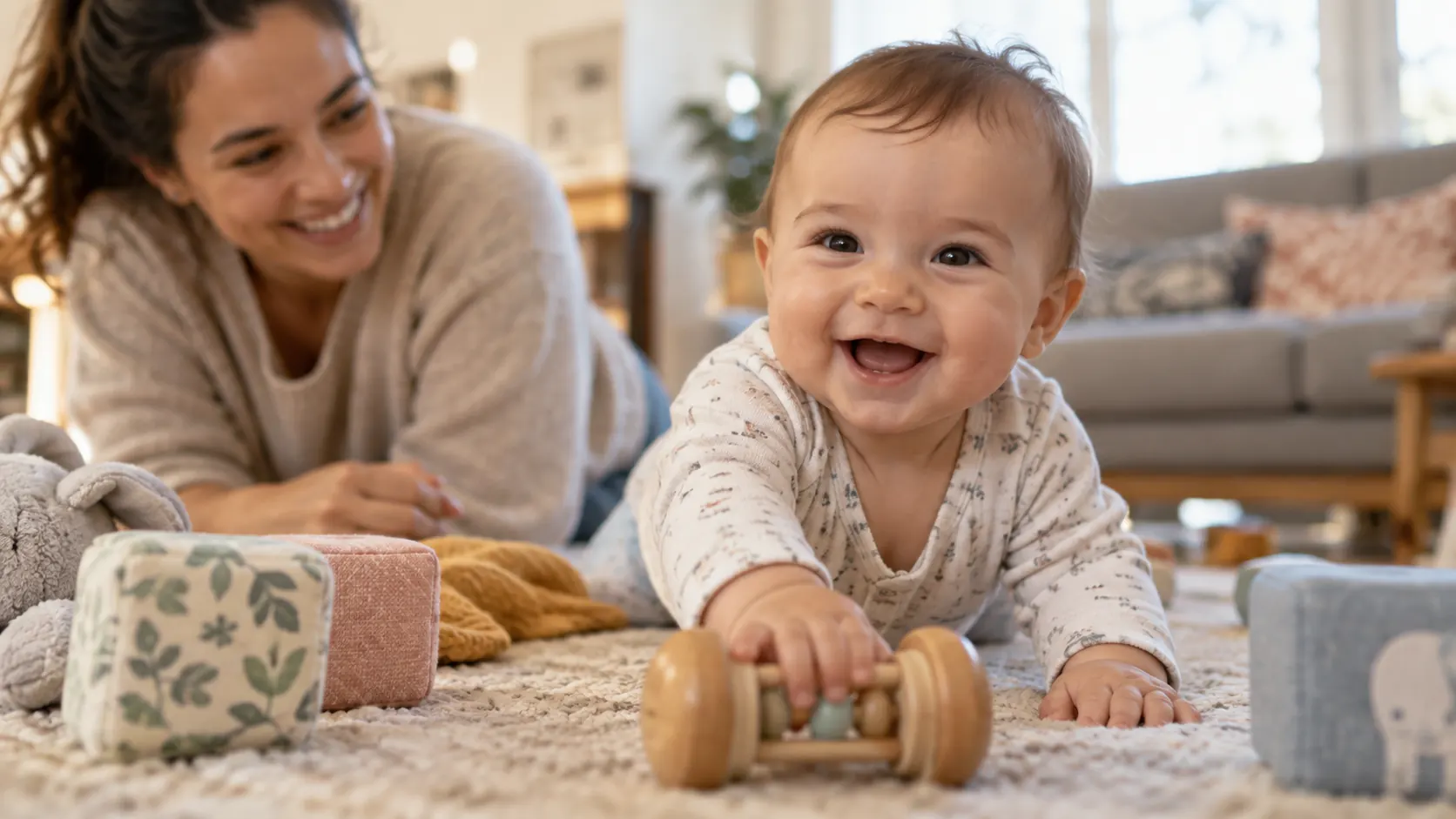 A baby playing on the floor with a caregiver nearby.