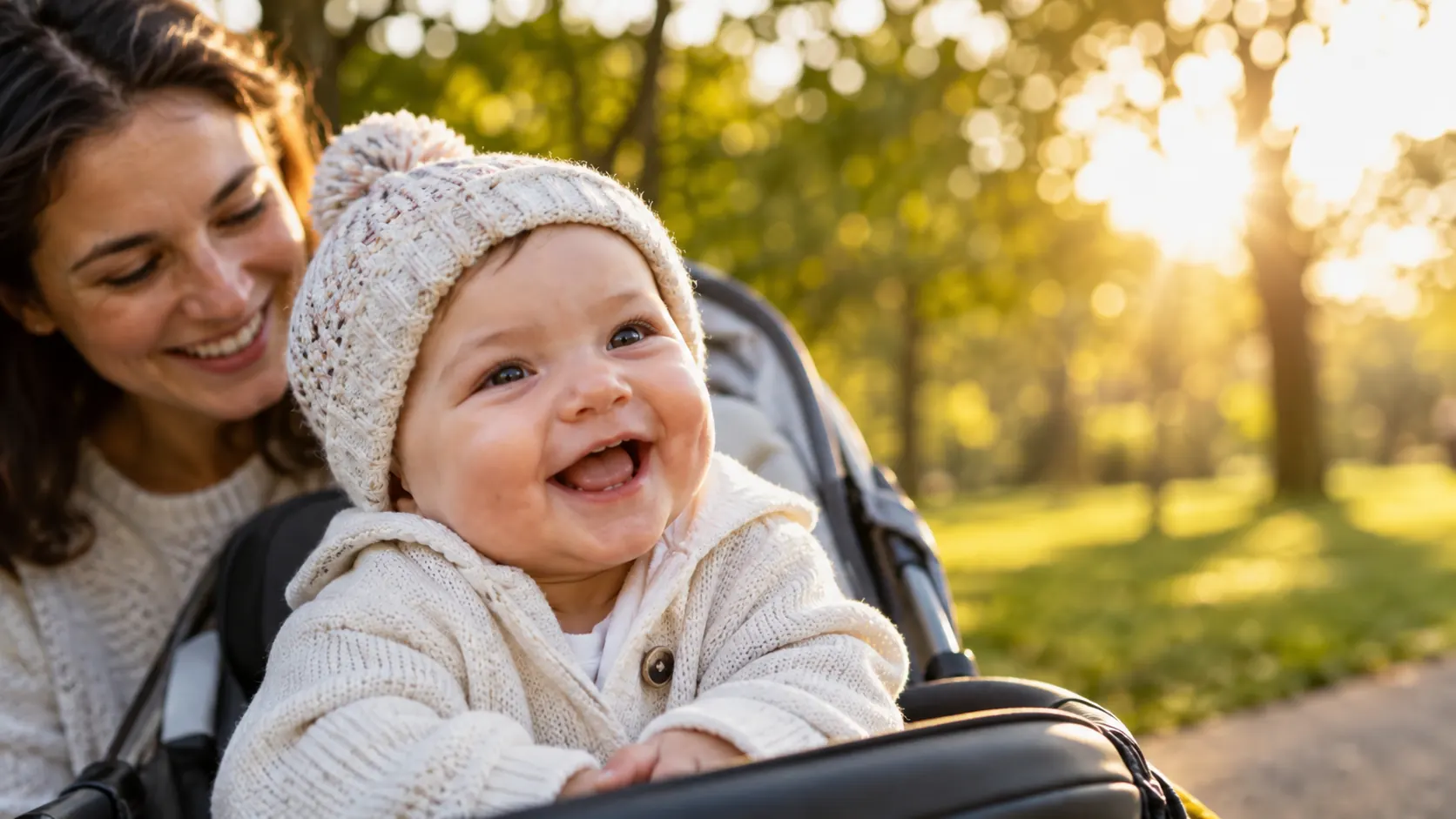 A caregiver and baby outdoors on a walk.