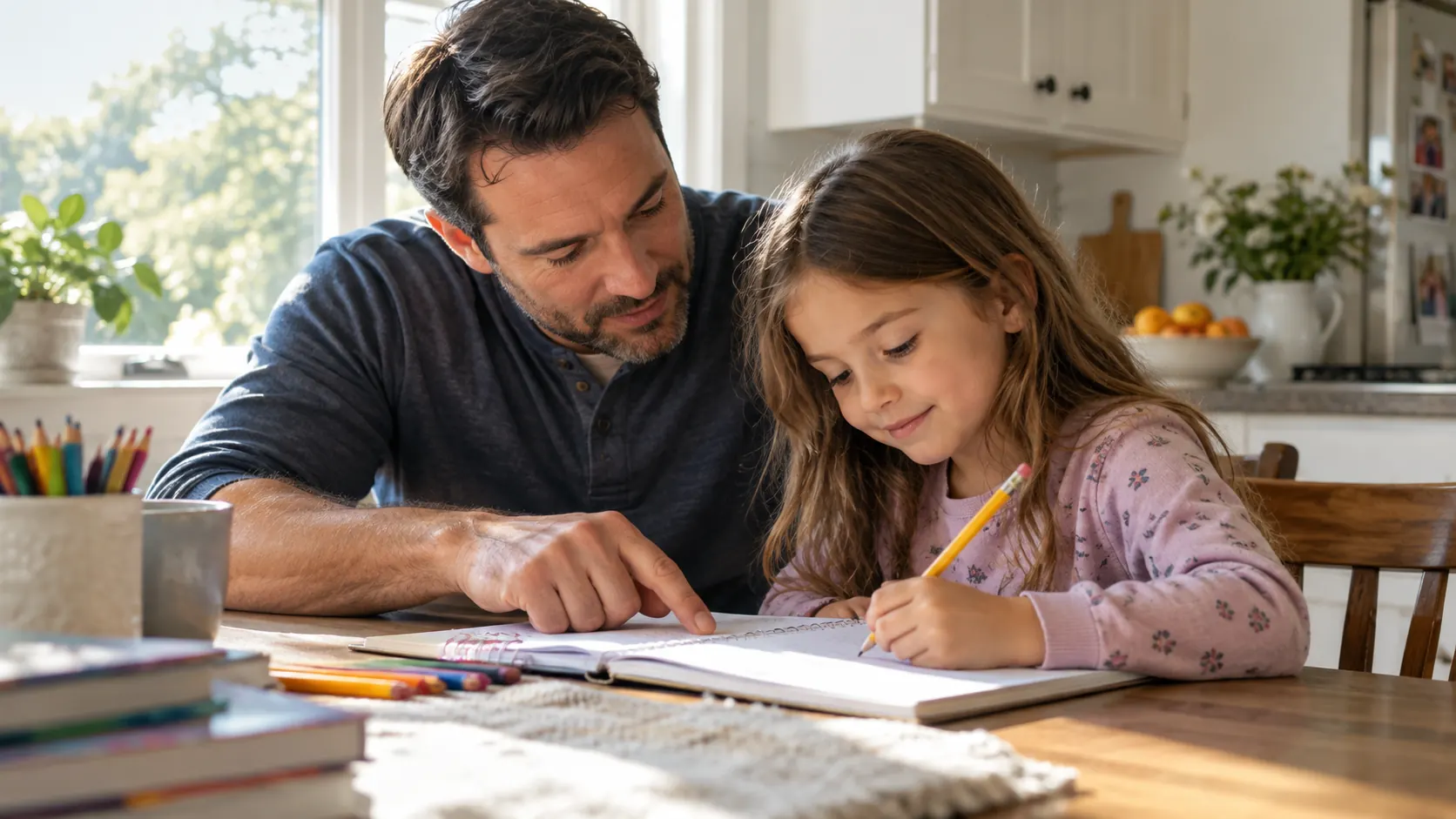 A caregiver and child working together at a table.