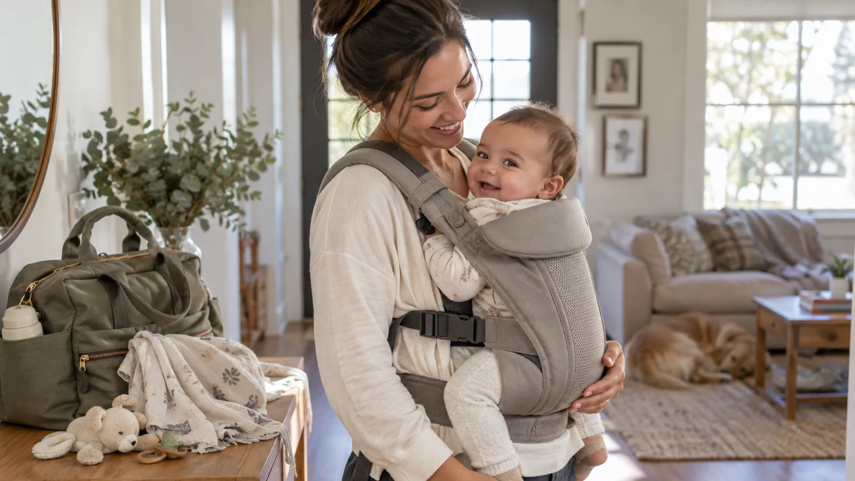 A caregiver carrying a baby in a soft carrier at home.