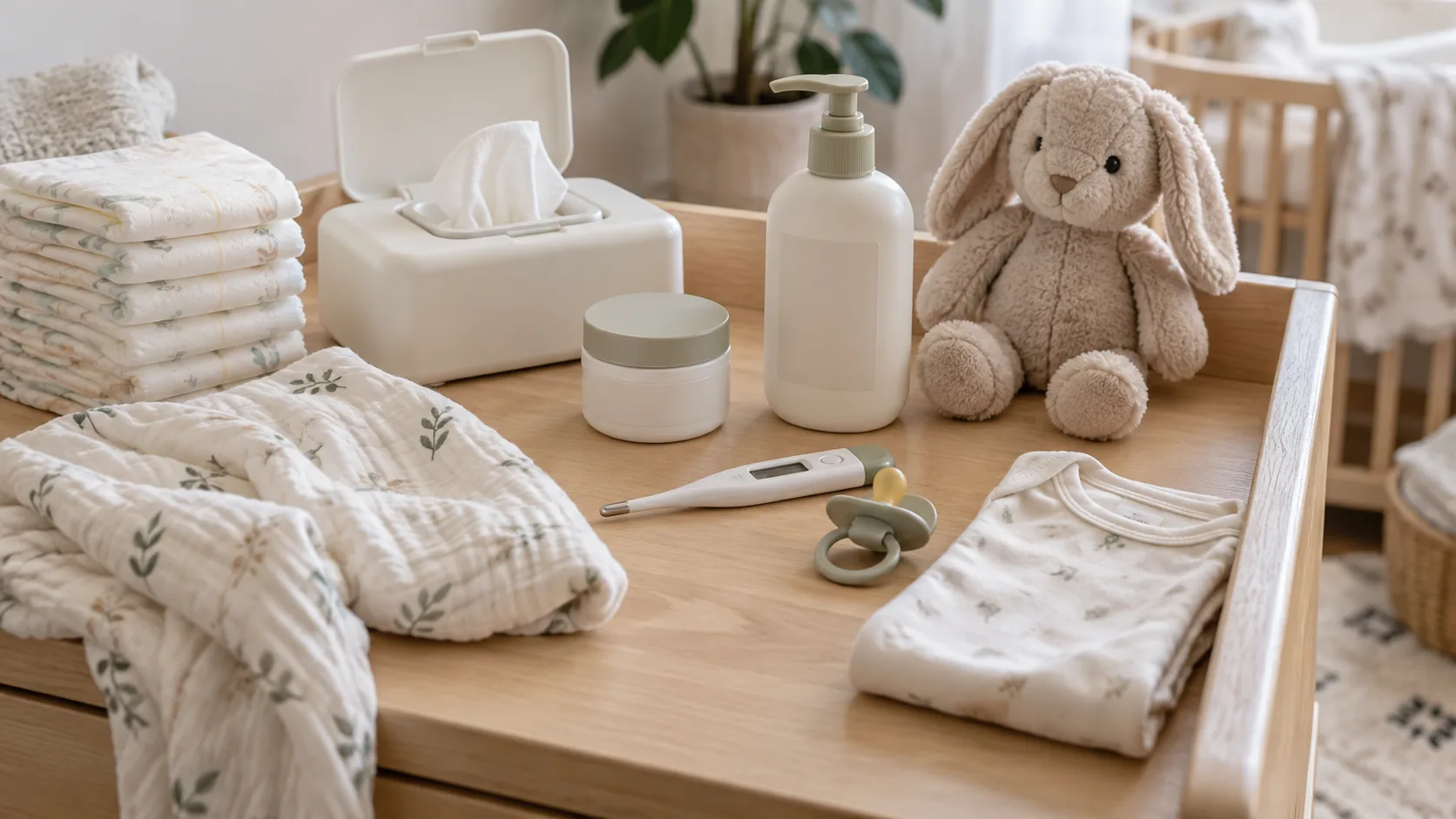 Everyday baby care items arranged on a table.