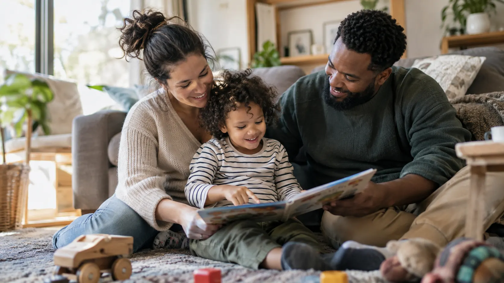 A family reading together at home.