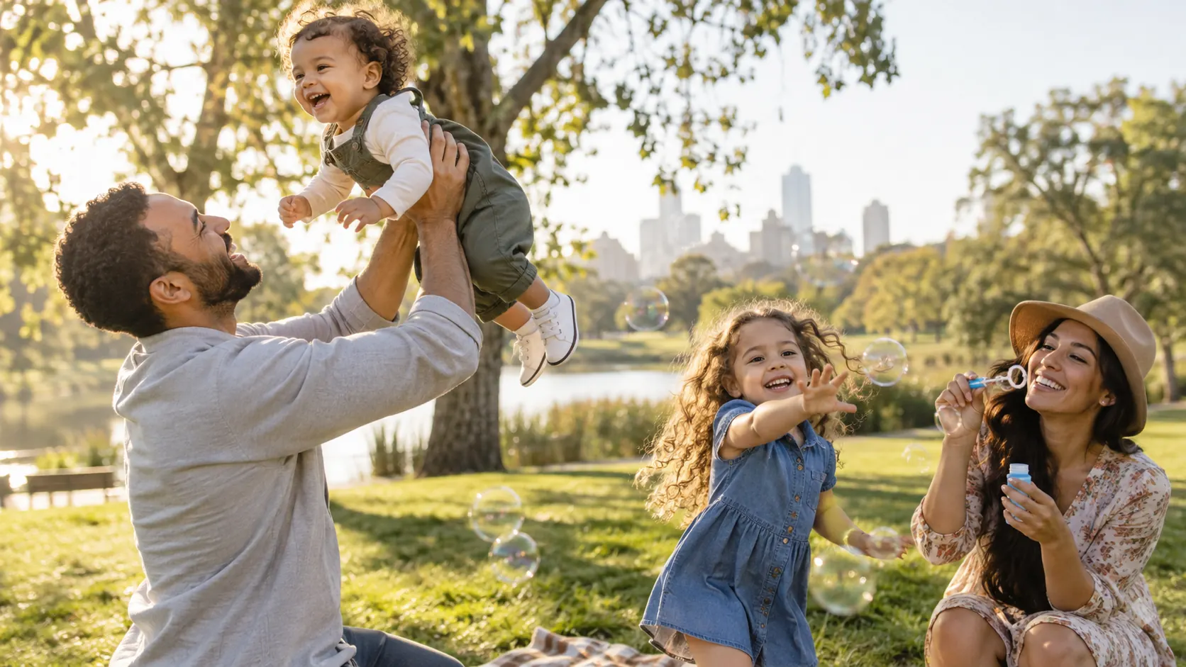 Parents and children spending time together in a park.