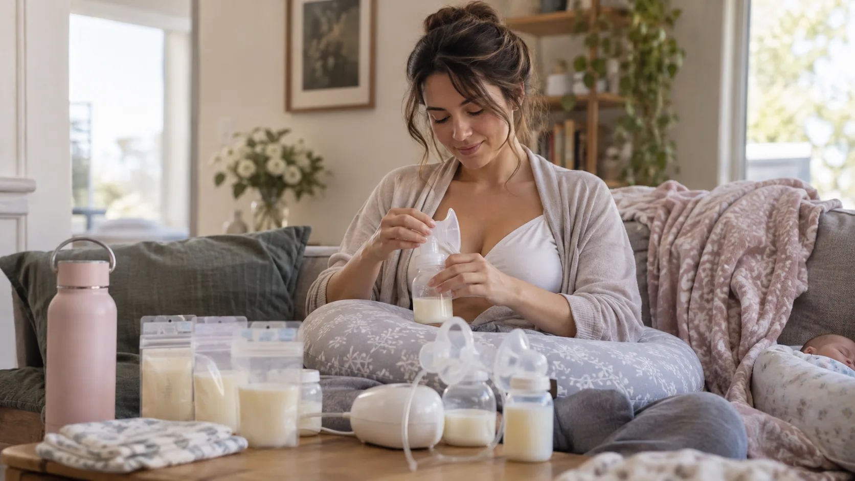 A parent preparing feeding equipment at home.