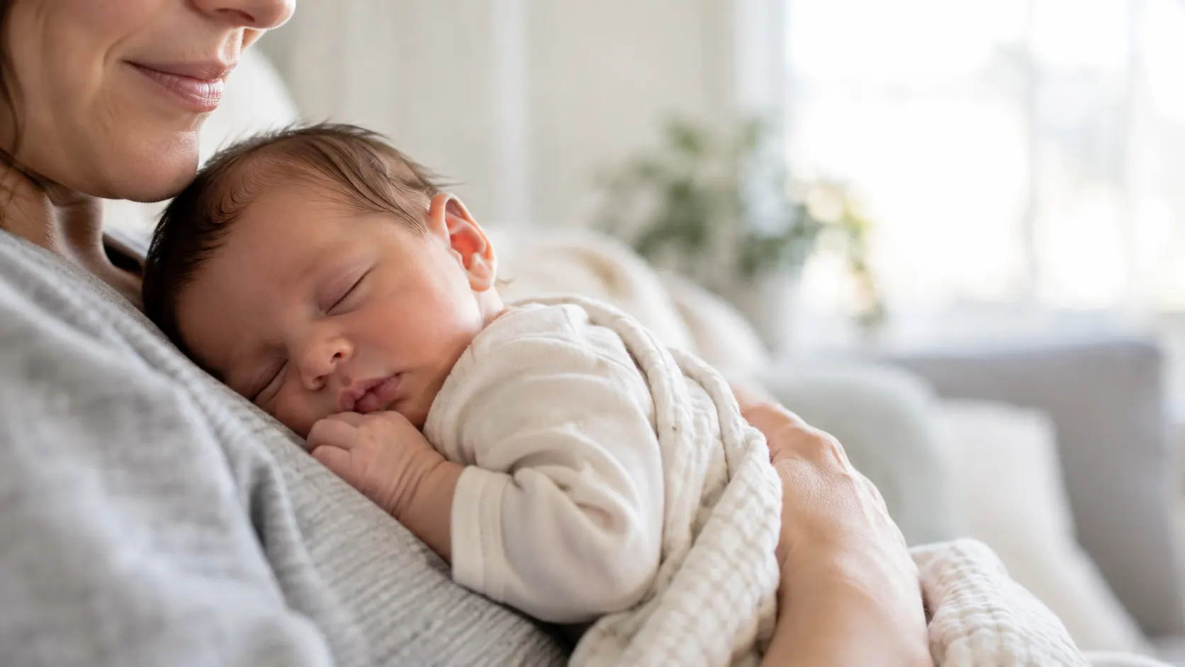 A caregiver holding a sleeping newborn.