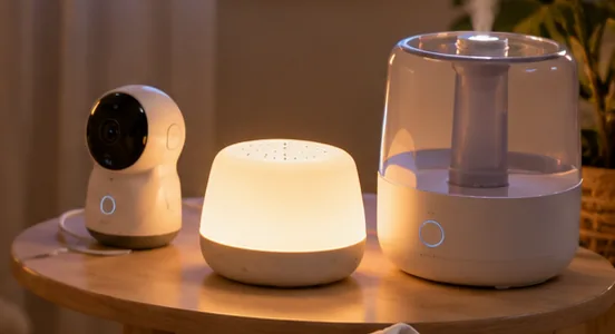 A baby monitor, night light and humidifier on a nursery table.
