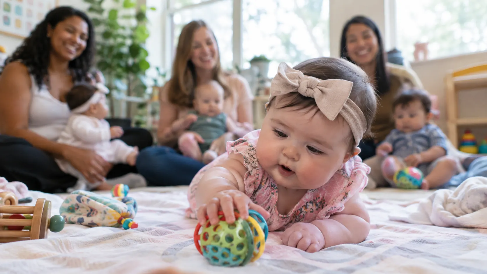 Caregivers and babies gathered for play.