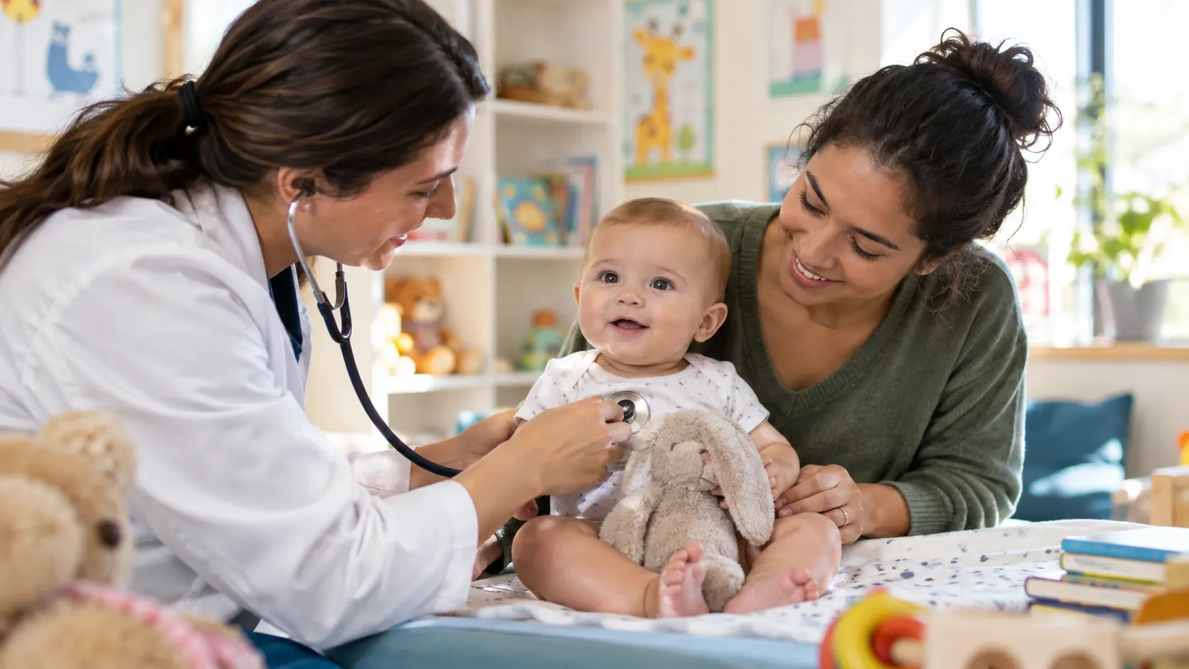 A baby and caregiver at a medical appointment.