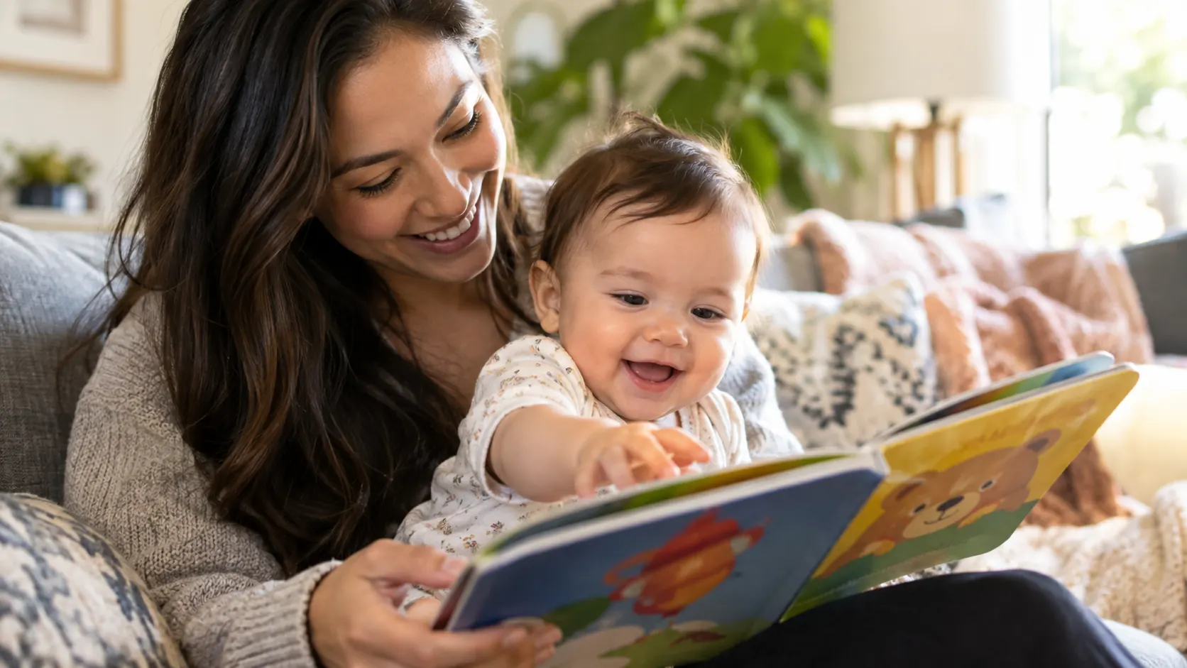 A caregiver sharing a picture book with a baby.