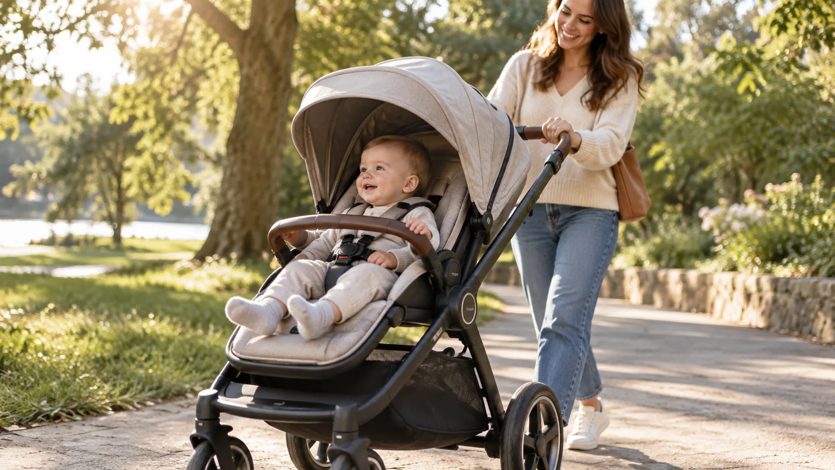 A caregiver pushing a stroller on a park path.